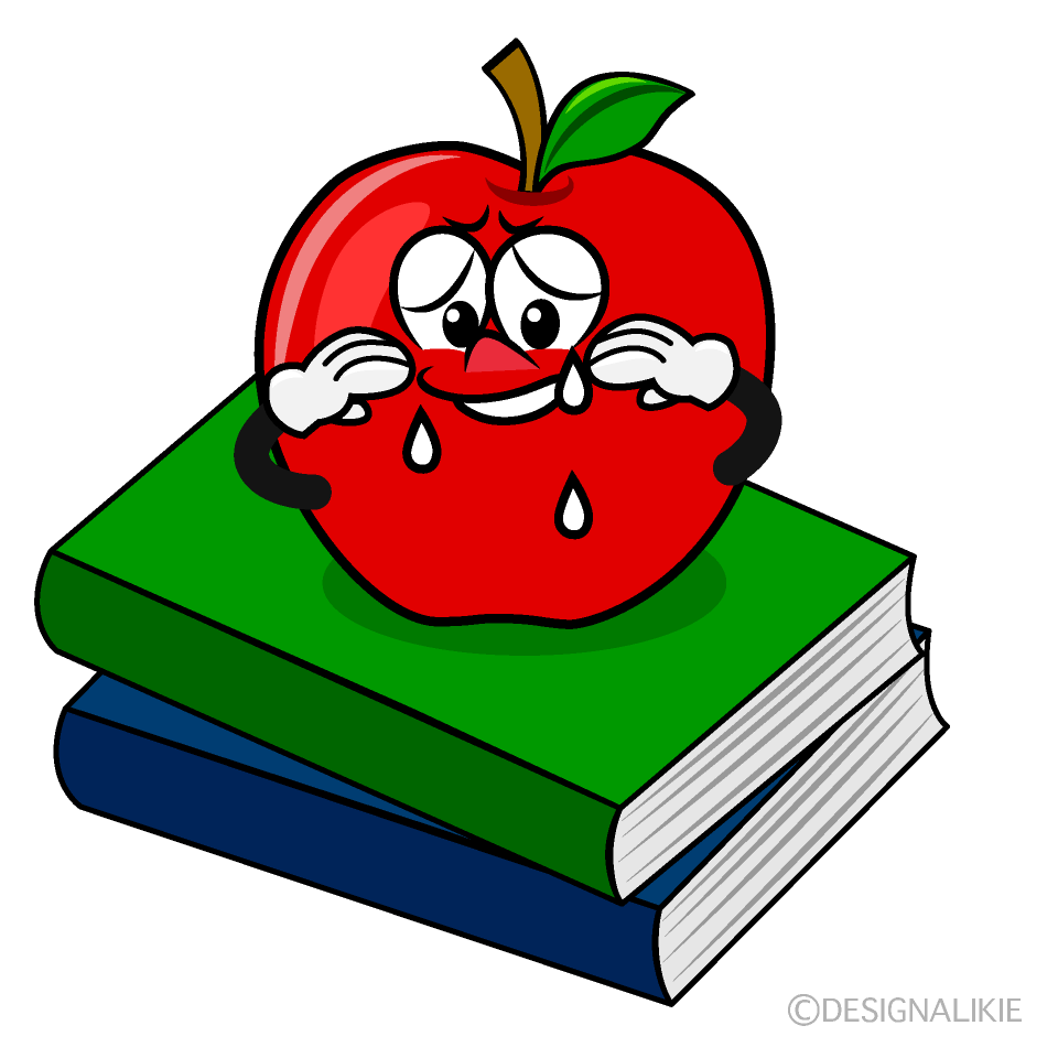 Sad Apple and Book Cartoon Character Image
